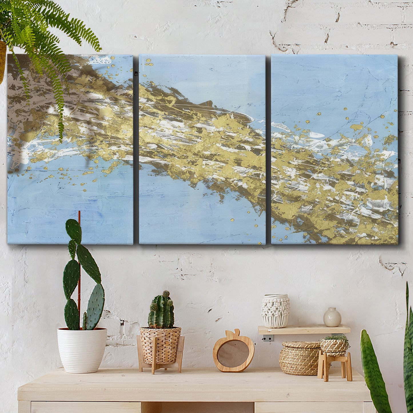 Three-panel canvas wall art featuring , displayed in a boho-chic entryway above a console table.