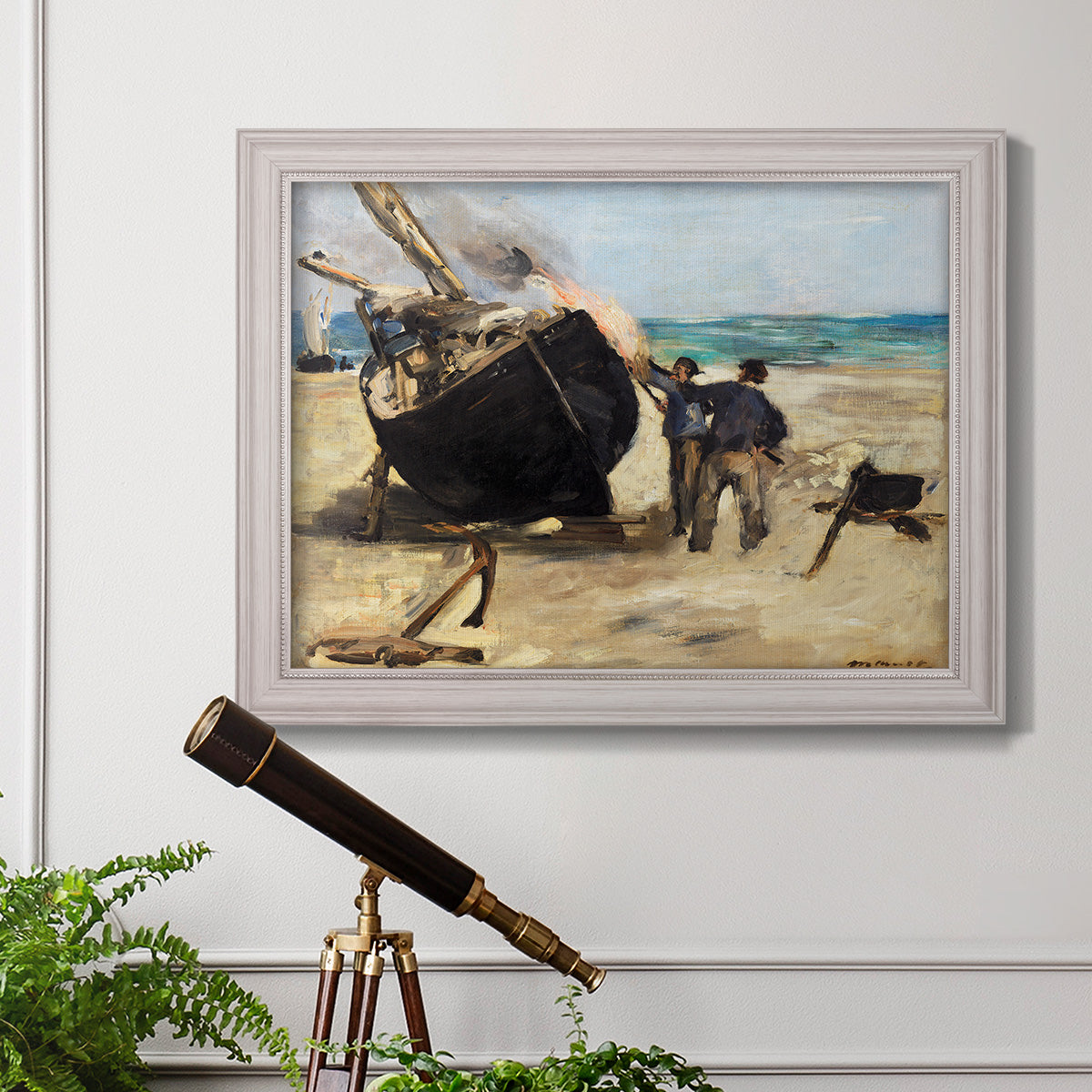 Impressionist nautical work scene by Édouard Manet in an ornate weathered white frame displayed in a light-toned interior setting.