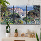 Three-panel canvas wall art featuring coastal hillside overlooking monaco, displayed in a boho-chic entryway above a console table.