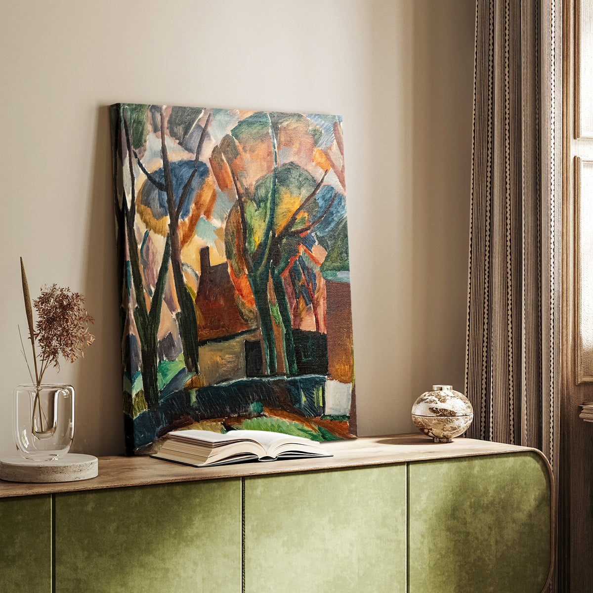 Canvas art print of a stylized rural scene with vivid tones and geometric structure styled in a home decor setting.