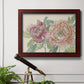 Modern peony floral drawing in an ornate cherry burl wood frame displayed in a light-toned interior setting.
