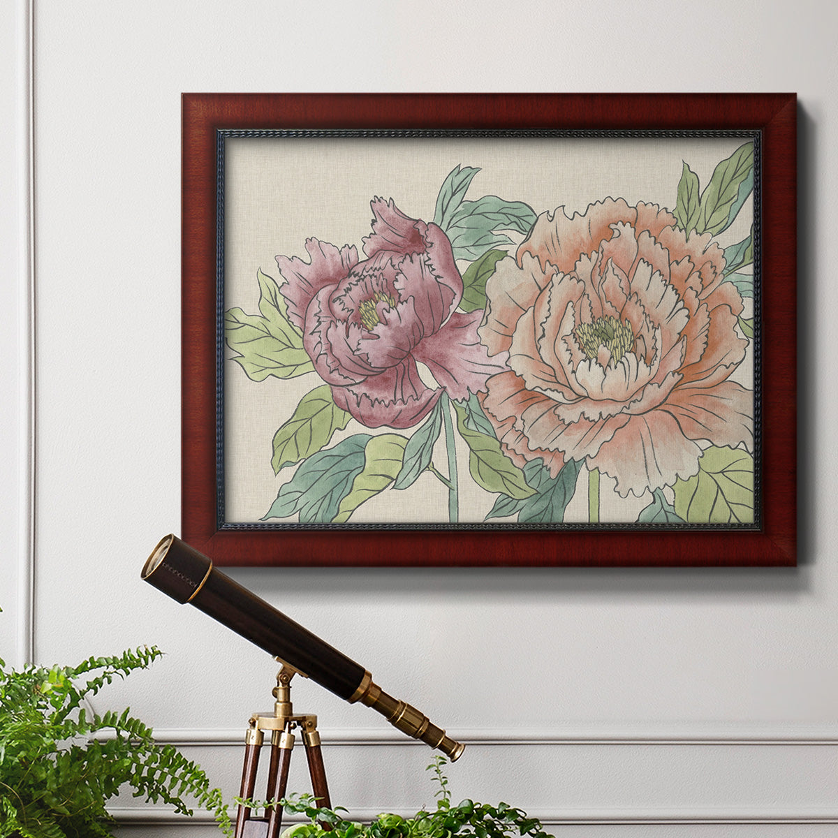 Modern peony floral drawing in an ornate cherry burl wood frame displayed in a light-toned interior setting.