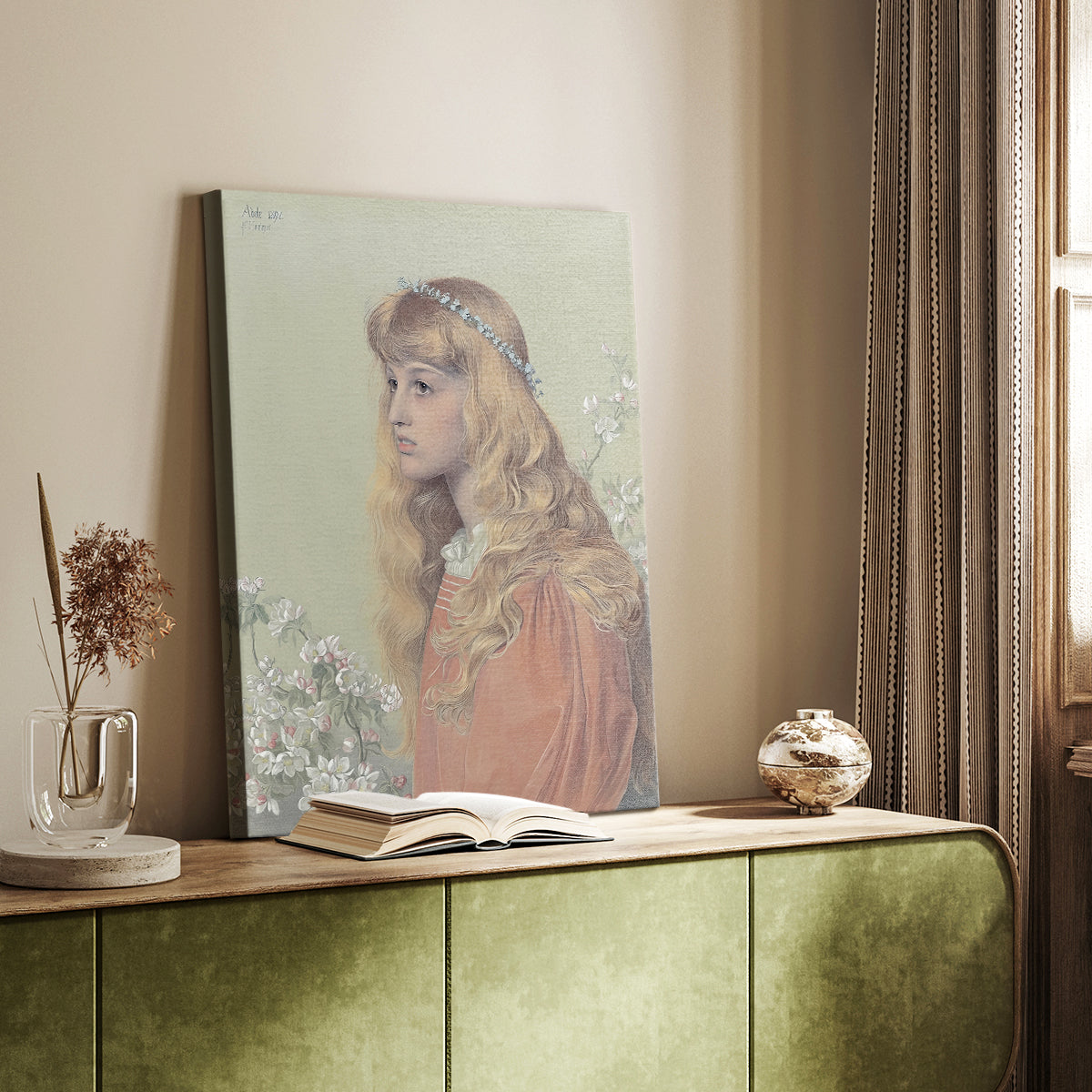 Canvas art print of a refined female figure with gentle expression and light shading styled in a home decor setting.