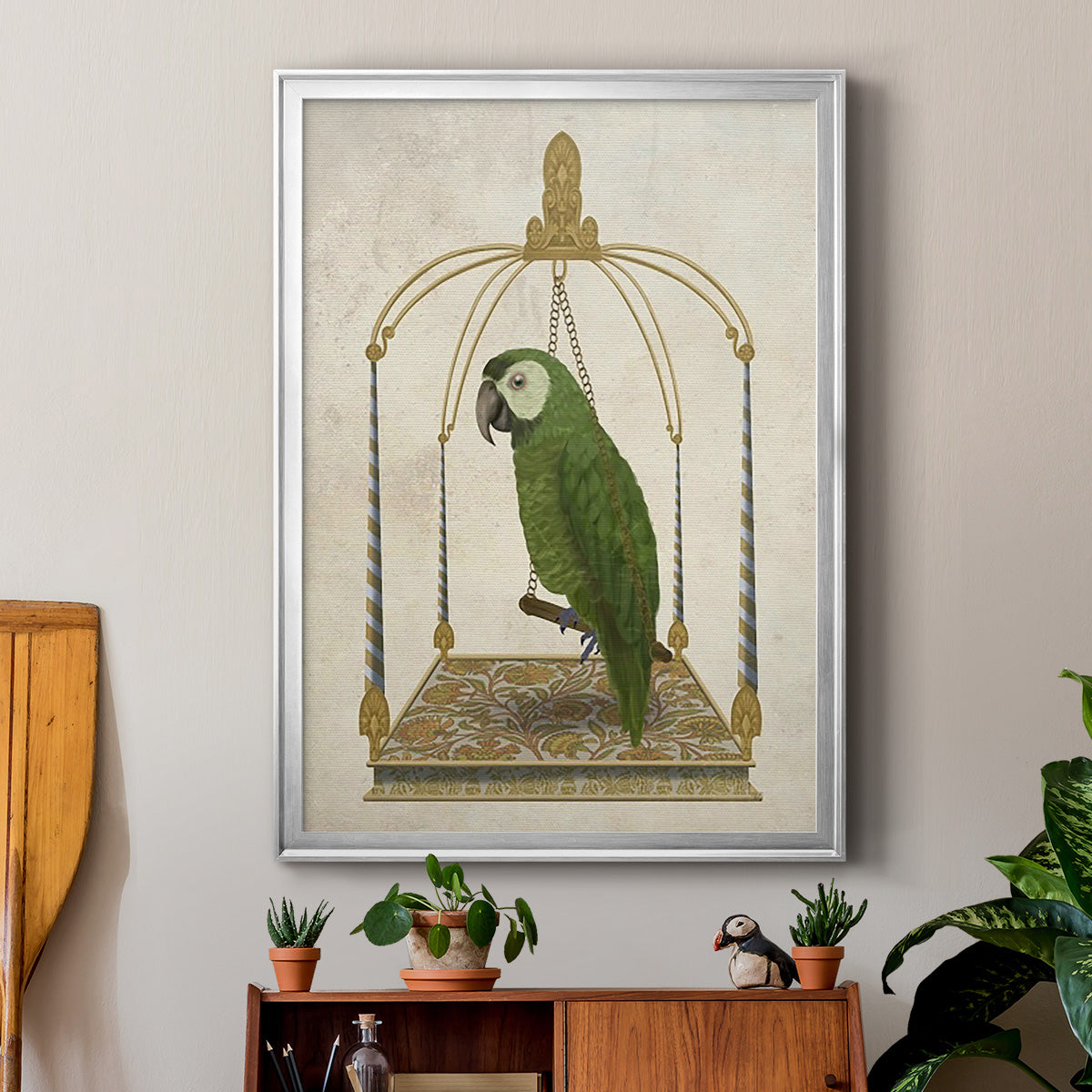 Green Parrot on Swing - Modern Framed Canvas Print