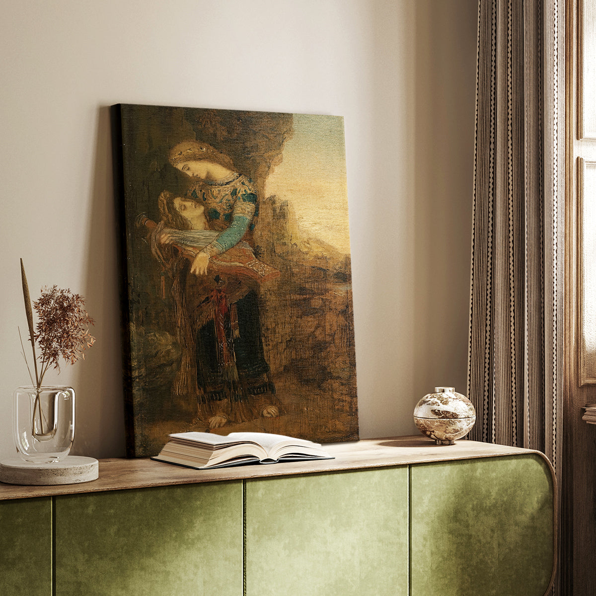 Canvas art print of a mythological composition with delicate detail and calm tones styled in a home decor setting.