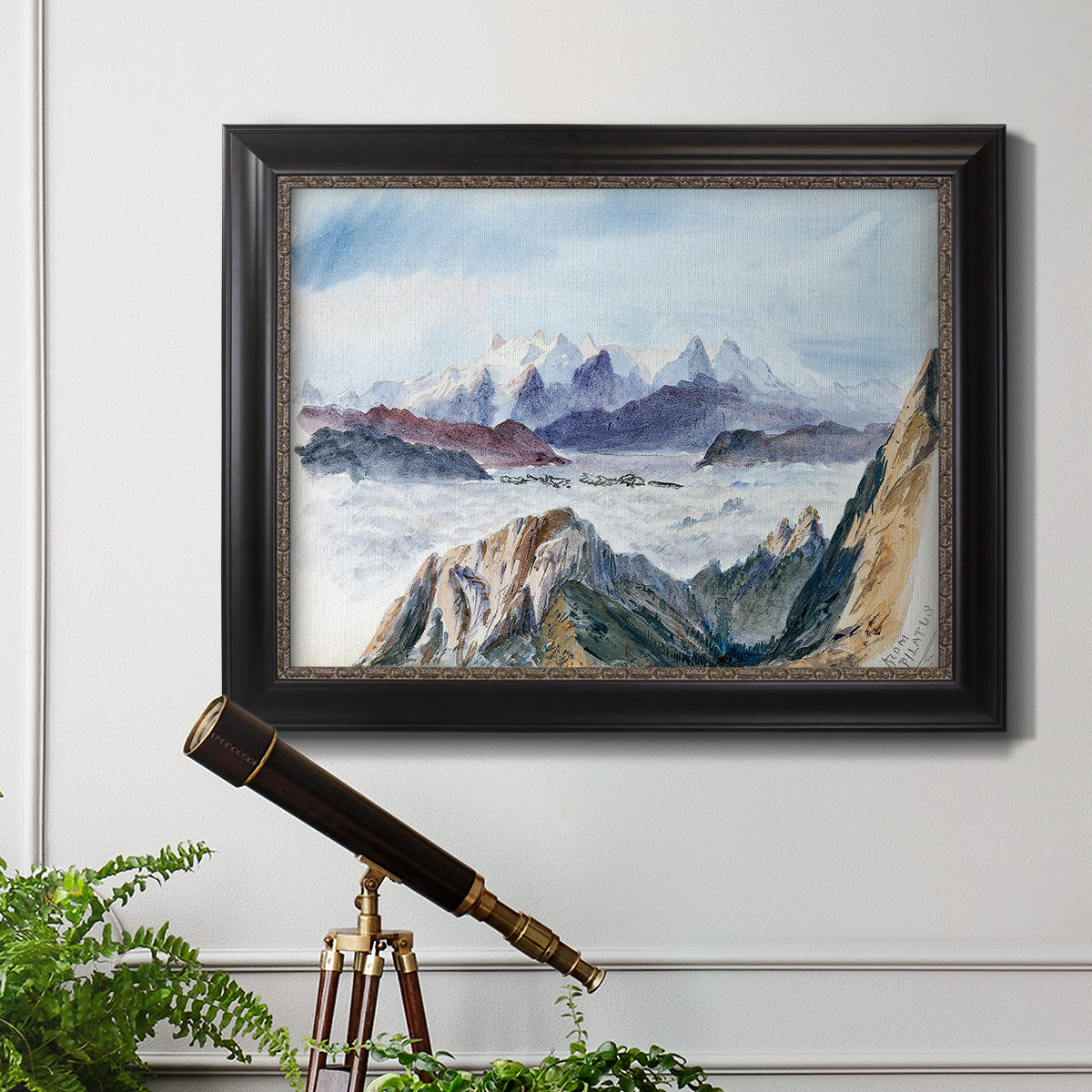 Impressionist alpine mountain landscape by John Singer Sargent in an ornate black frame with gilded inner detail displayed in a light-toned interior setting.