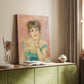 Canvas art print of a vibrant portrait with soft brushwork and expressive features styled in a home decor setting.