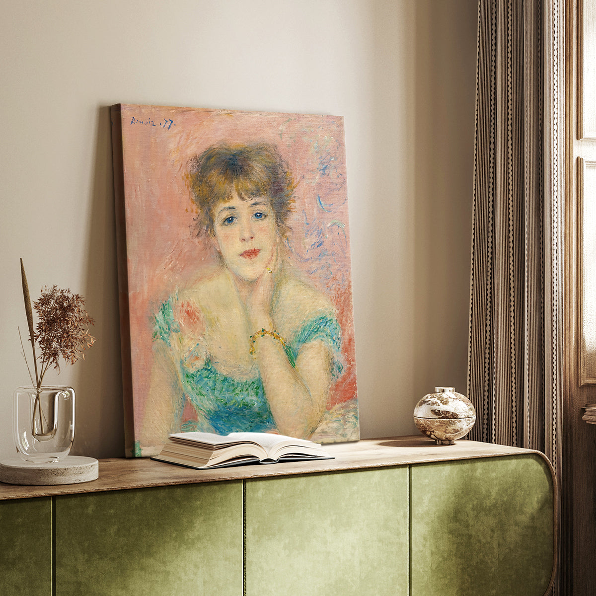 Canvas art print of a vibrant portrait with soft brushwork and expressive features styled in a home decor setting.