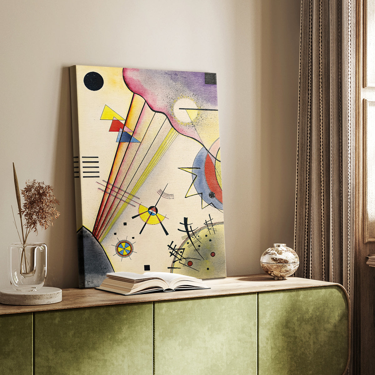 Canvas art print of a modern image with clean lines and strong contrast styled in a home decor setting.