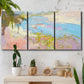 Three-panel canvas wall art featuring geometric mid century abstract blocks, displayed in a boho-chic entryway above a console table.