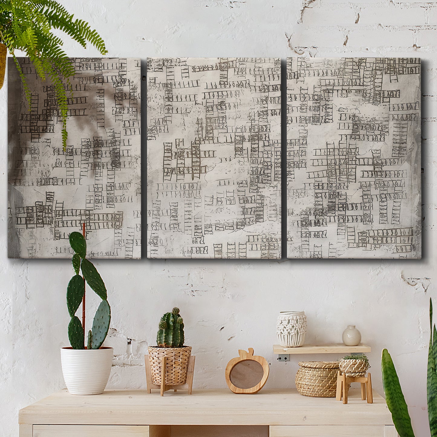 Three-panel canvas wall art featuring grid based geometric abstraction, displayed in a boho-chic entryway above a console table.