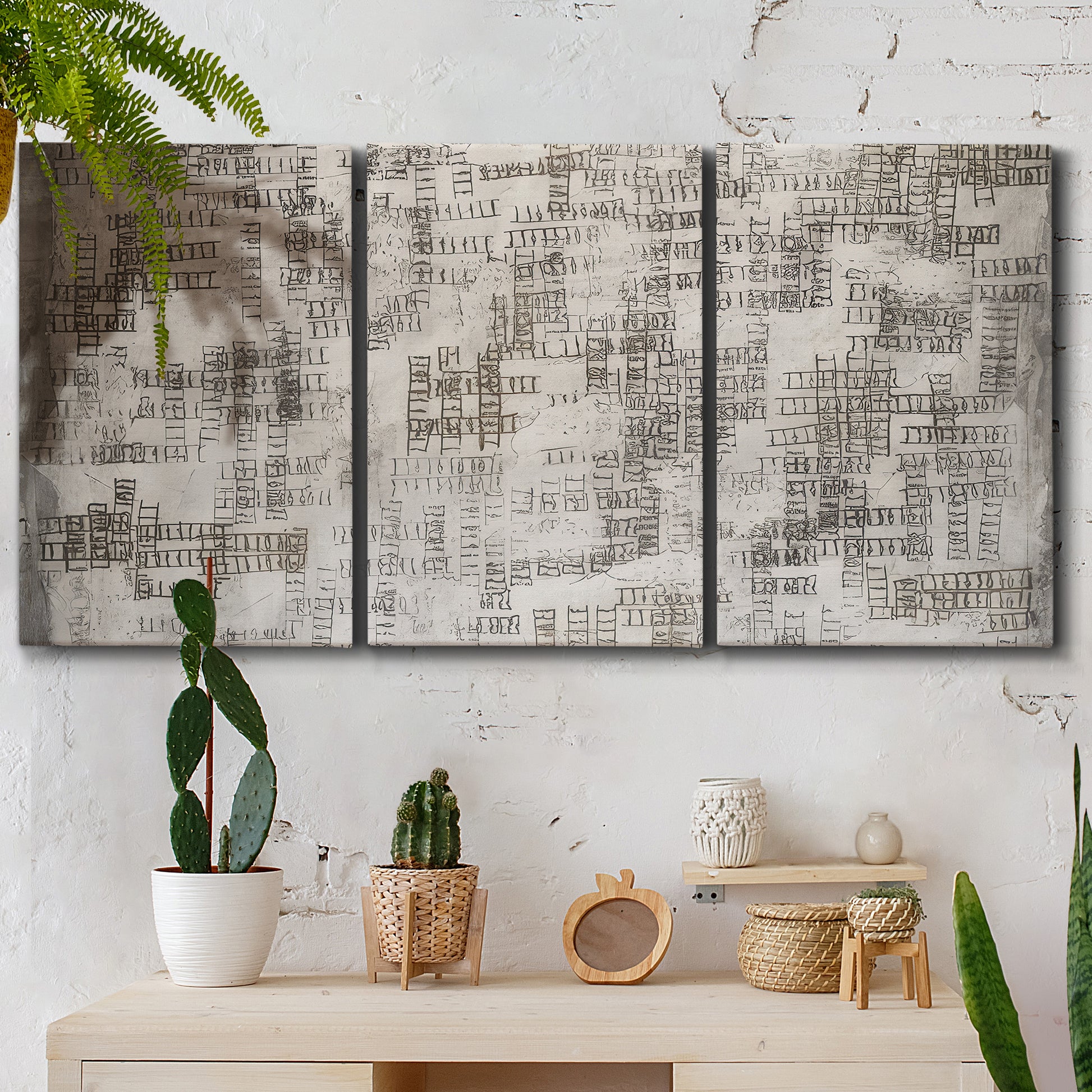 Three-panel canvas wall art featuring grid based geometric abstraction, displayed in a boho-chic entryway above a console table.