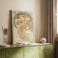 Canvas art print of a stylized figure with dynamic pose and decorative patterns styled in a home decor setting.