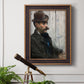 Impressionist portrait of a seated man by Édouard Manet in an ornate bronzed mahogany wood frame displayed in a light-toned interior setting.