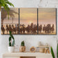 Three-panel canvas wall art featuring running horses captured in motion, displayed in a boho-chic entryway above a console table.