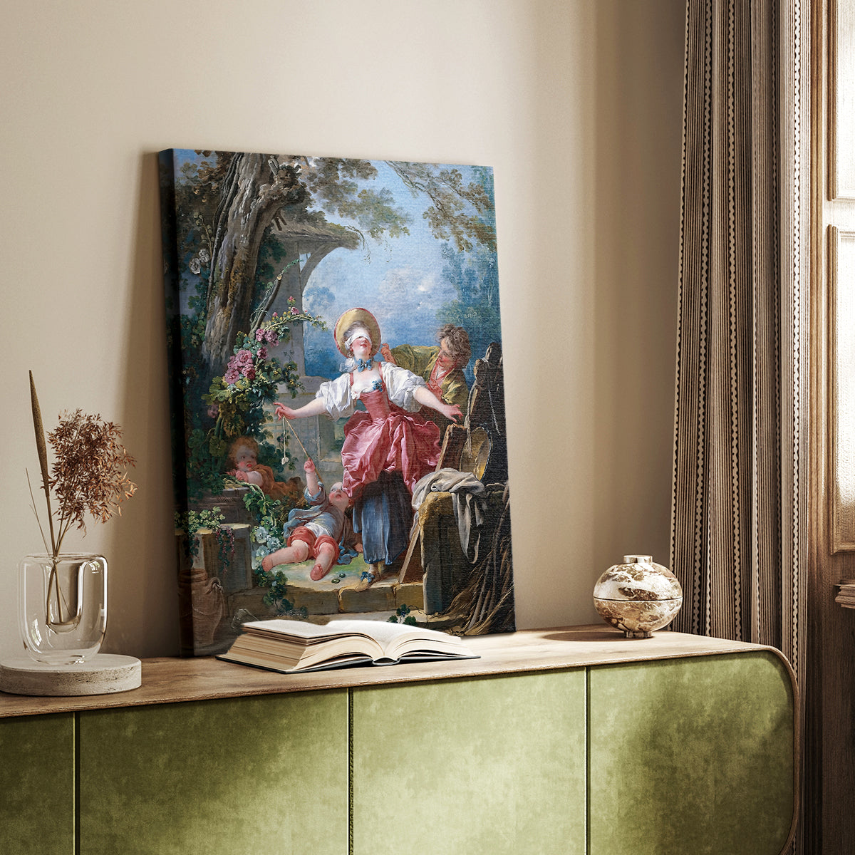 Canvas art print of a playful composition with movement and soft pastel tones styled in a home decor setting.