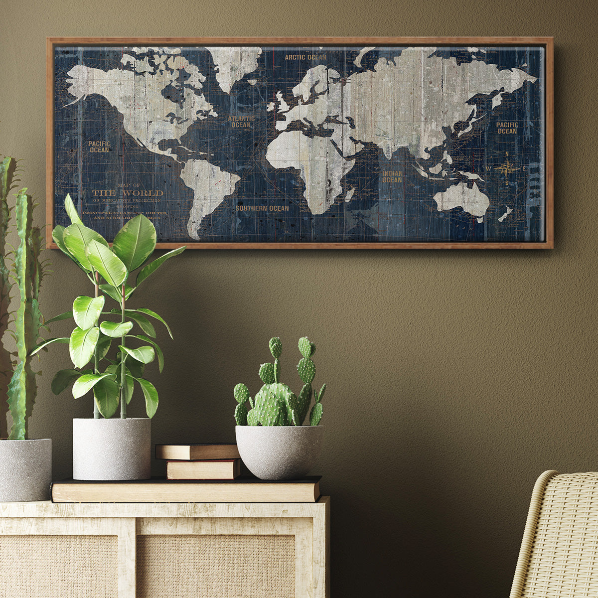 Old World Map Blue - Floater Framed Canvas Print