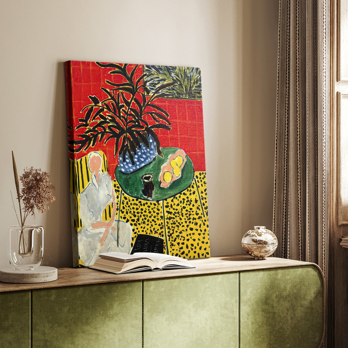 Canvas art print of a stylized room with plant form and bold color contrast styled in a home decor setting.