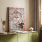 Canvas art print of a stylized female figure with intricate patterns and soft tones styled in a home decor setting.
