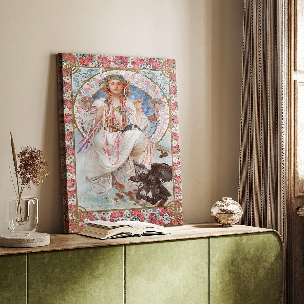 Canvas art print of a stylized female figure with intricate patterns and soft tones styled in a home decor setting.