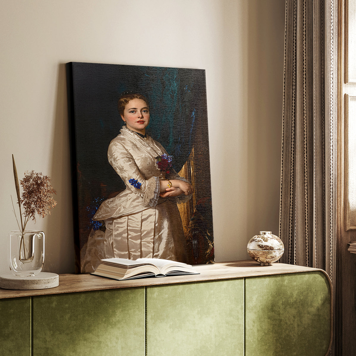Canvas art print of a traditional portrait with soft light and minimal background styled in a home decor setting.