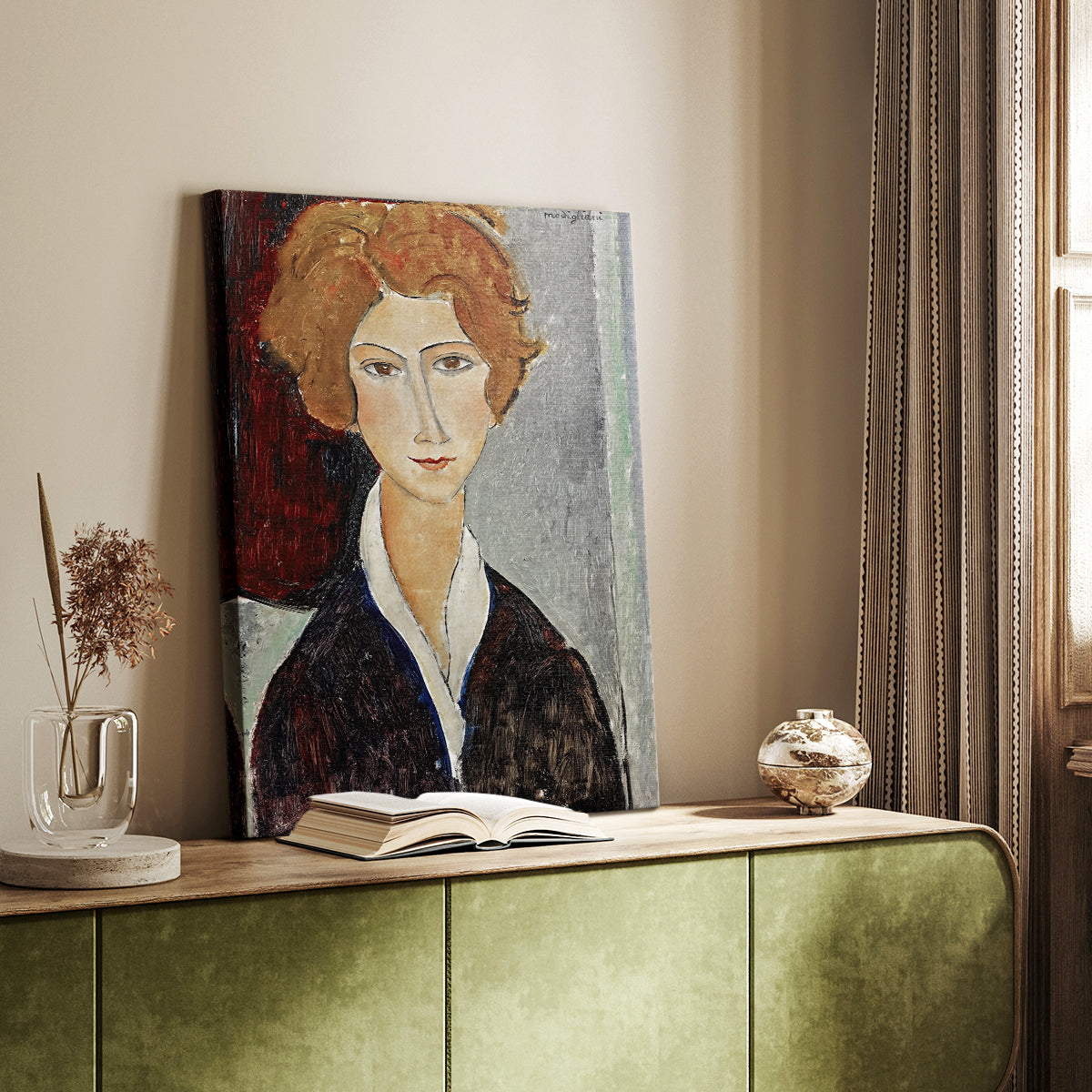 Canvas art print of a stylized portrait with simplified forms and elongated neck styled in a home decor setting.