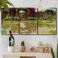 Three-panel canvas wall art featuring arched rose garden walkway, displayed in a boho-chic entryway above a console table.