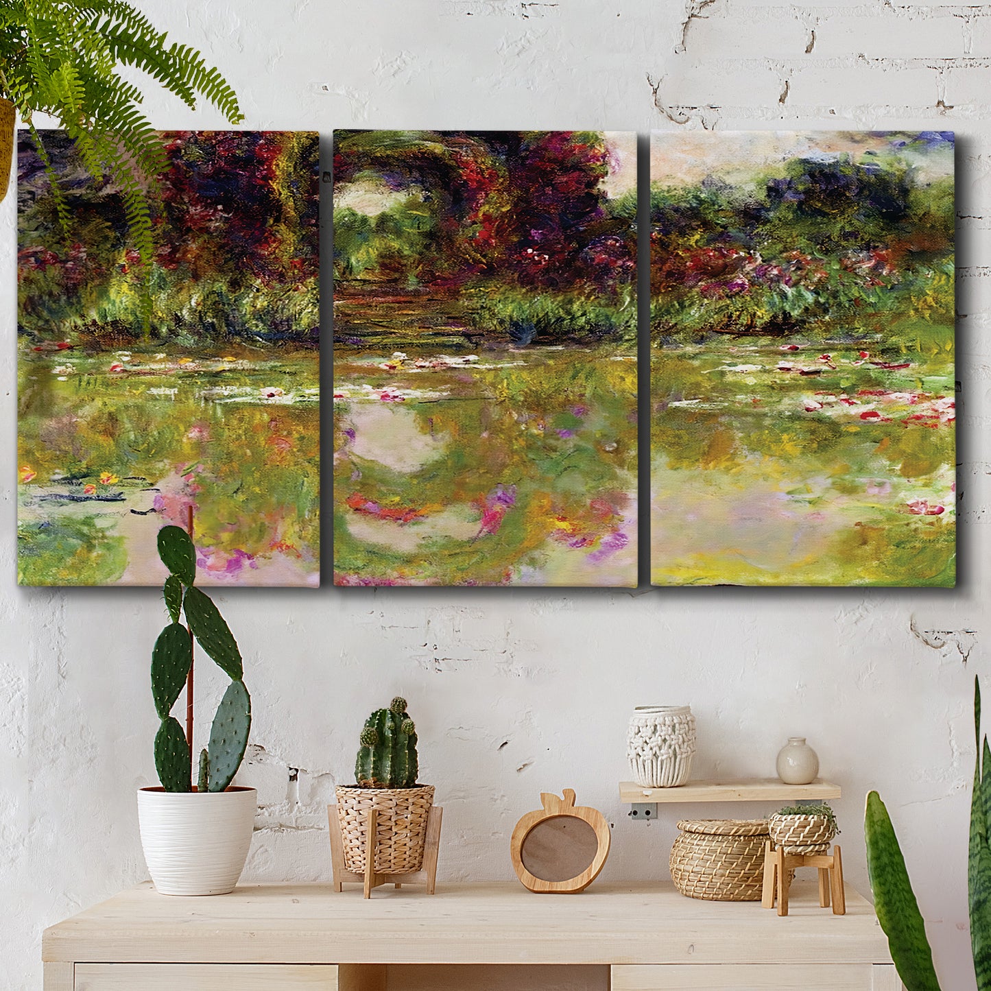 Three-panel canvas wall art featuring arched rose garden walkway, displayed in a boho-chic entryway above a console table.