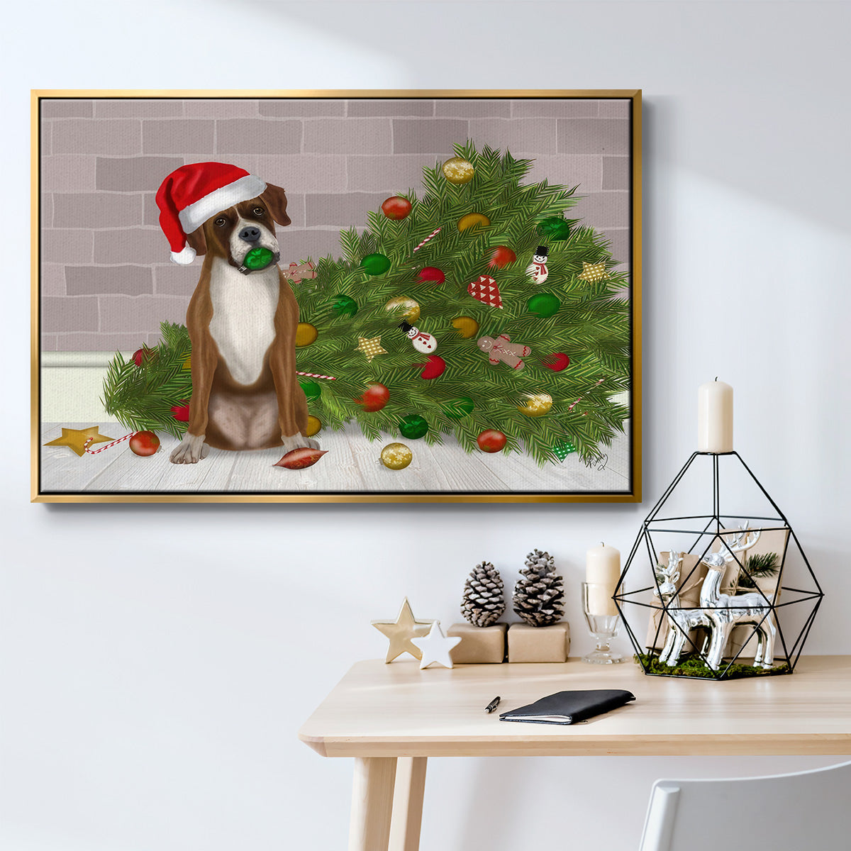 Christmas Boxer and Broken Christmas Tree - Framed Gallery Wrapped Canvas in Floating Frame