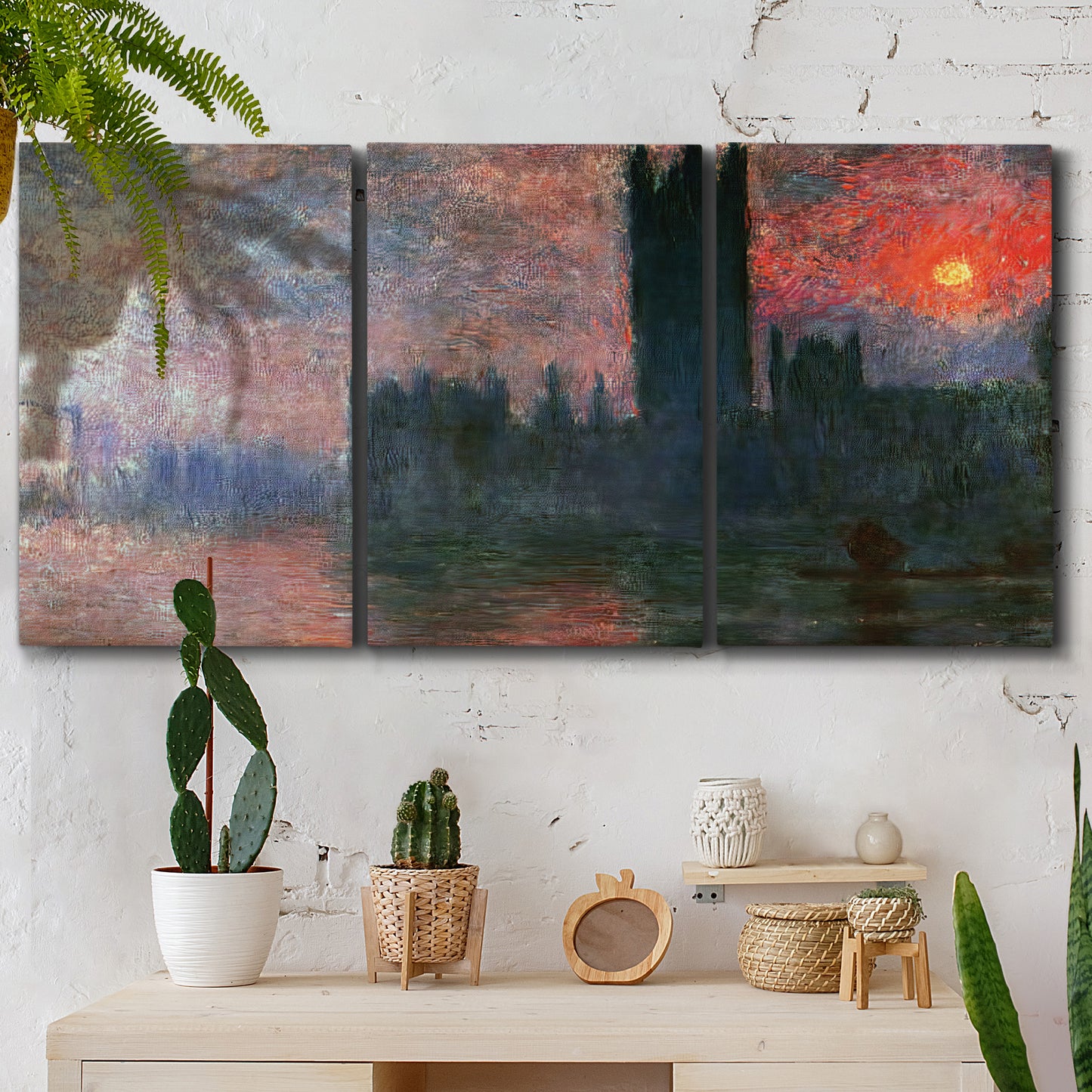 Three-panel canvas wall art featuring parliament silhouetted at dusk, displayed in a boho-chic entryway above a console table.