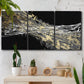 Three-panel canvas wall art featuring dark modern abstract wind patterns, displayed in a boho-chic entryway above a console table.
