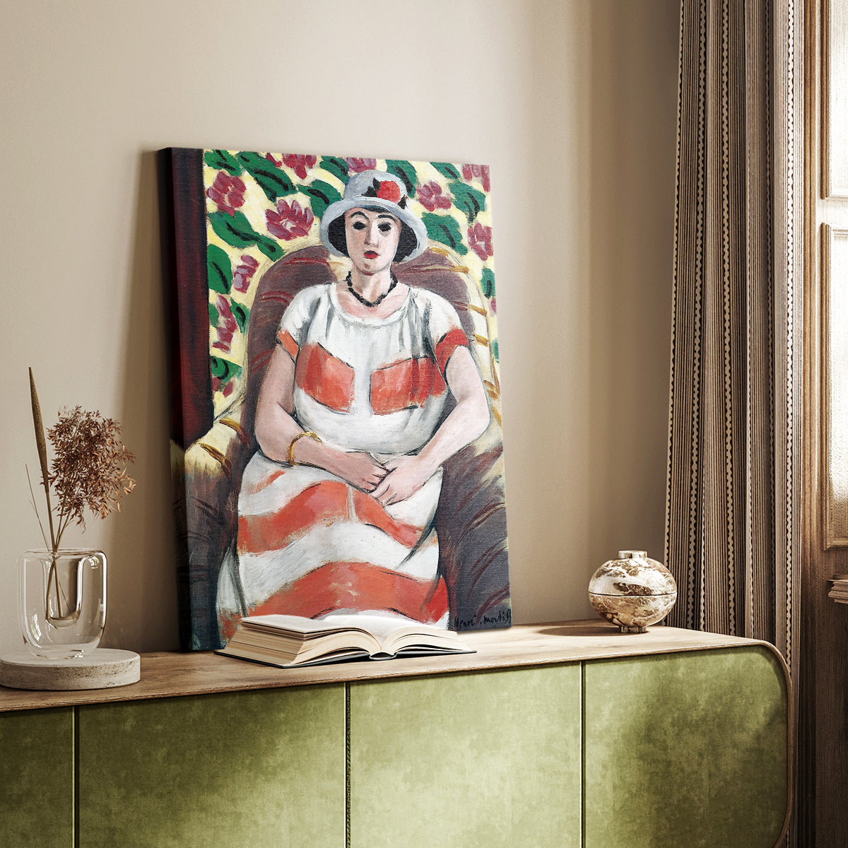 Canvas art print of a stylized figure with bright color and simplified form styled in a home decor setting.