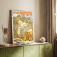 Canvas art print of a vintage advertisement featuring a woman and bicycle with flowing lines styled in a home decor setting.