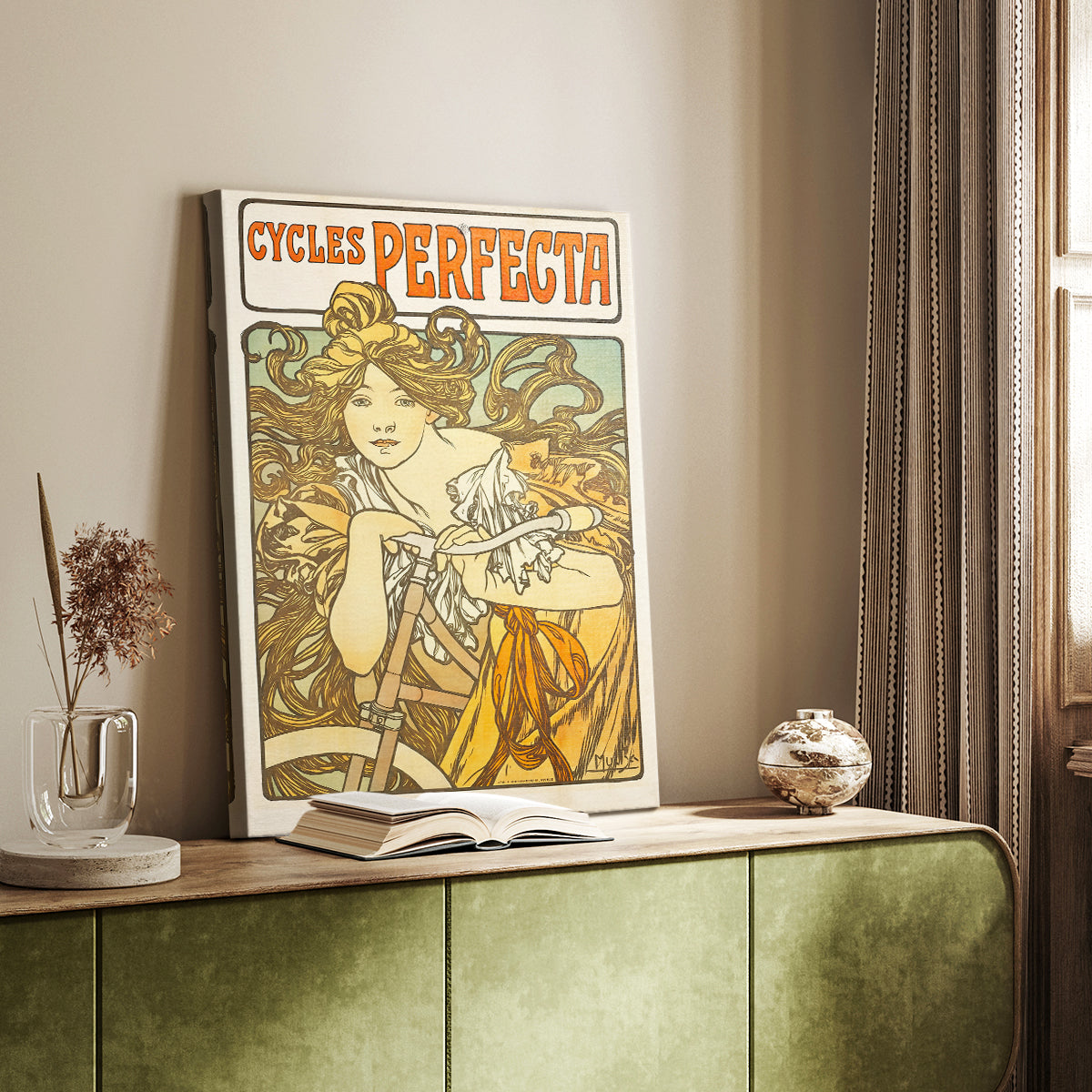 Canvas art print of a vintage advertisement featuring a woman and bicycle with flowing lines styled in a home decor setting.