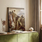 Canvas art print of a figure lying in a barren setting with soft light styled in a home decor setting.