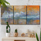 Three-panel canvas wall art featuring bridge shrouded in fog and smoke, displayed in a boho-chic entryway above a console table.