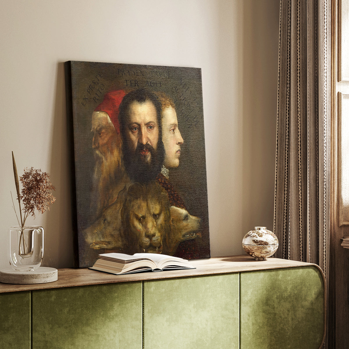 Canvas art print of a classical composition with layered figures and rich tones styled in a home decor setting.