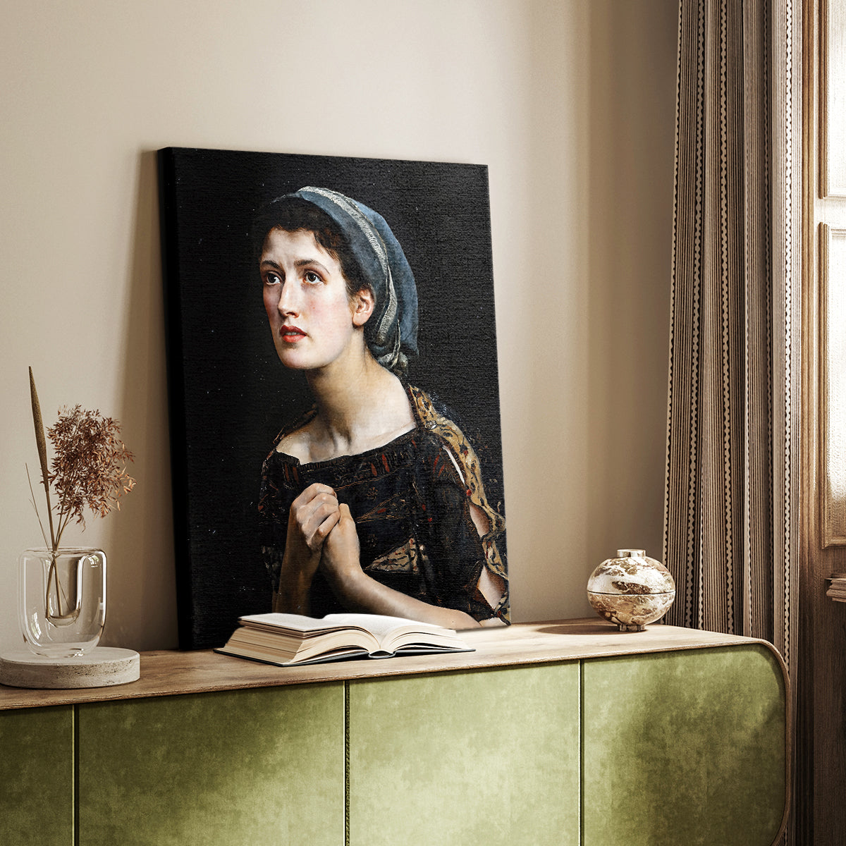 Canvas art print of a powerful figure with emotional presence and strong contrast styled in a home decor setting.