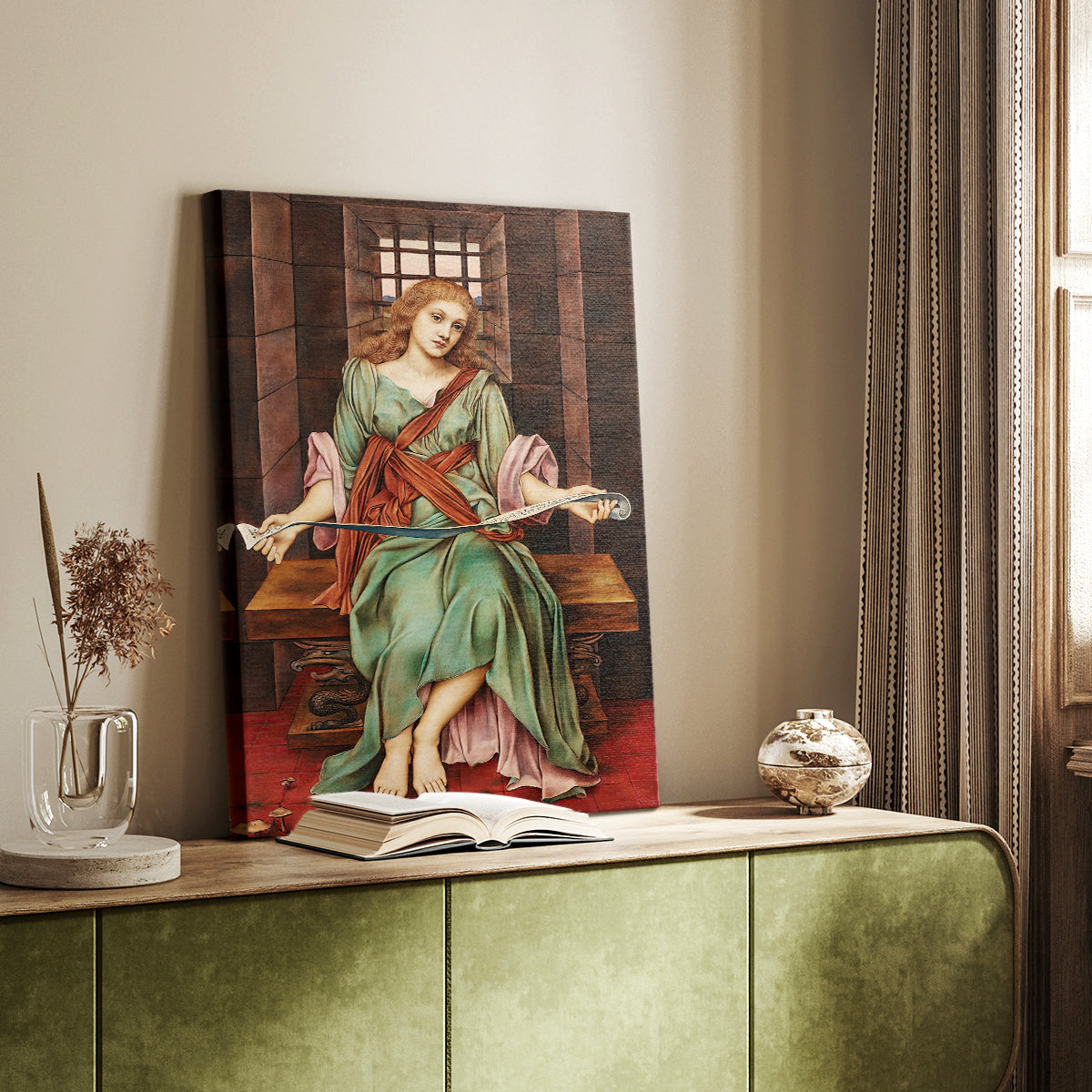 Canvas art print of an allegorical composition with a trapped figure and dark tones styled in a home decor setting.