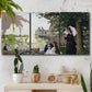 Three-panel canvas wall art featuring garden house beside river, displayed in a boho-chic entryway above a console table.