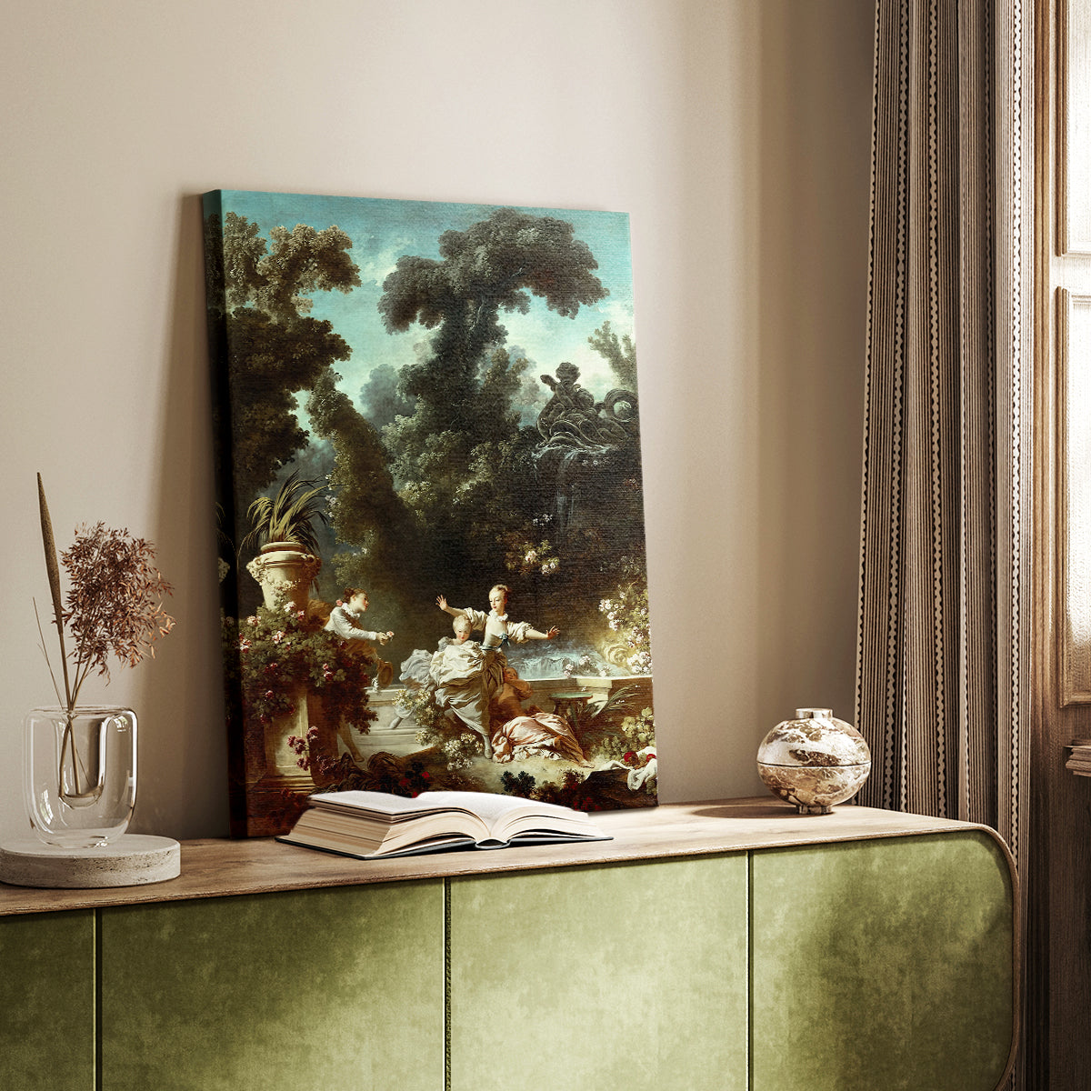 Canvas art print of a playful outdoor composition with figures in motion styled in a home decor setting.