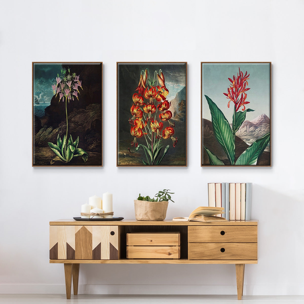 Temple of Flora I - Framed Premium Gallery Wrapped Canvas L Frame 3 Piece Set - Ready to Hang