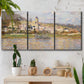Three-panel canvas wall art featuring village overlooking river valley, displayed in a boho-chic entryway above a console table.