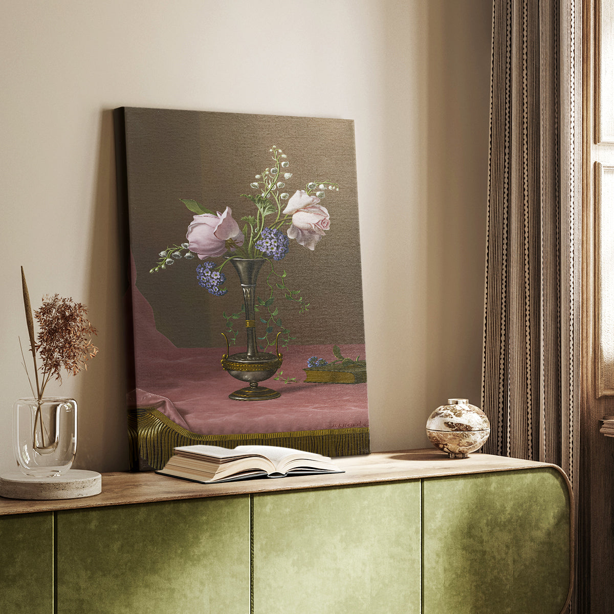 Canvas art print of a floral composition with layered blooms and subtle color styled in a home decor setting.