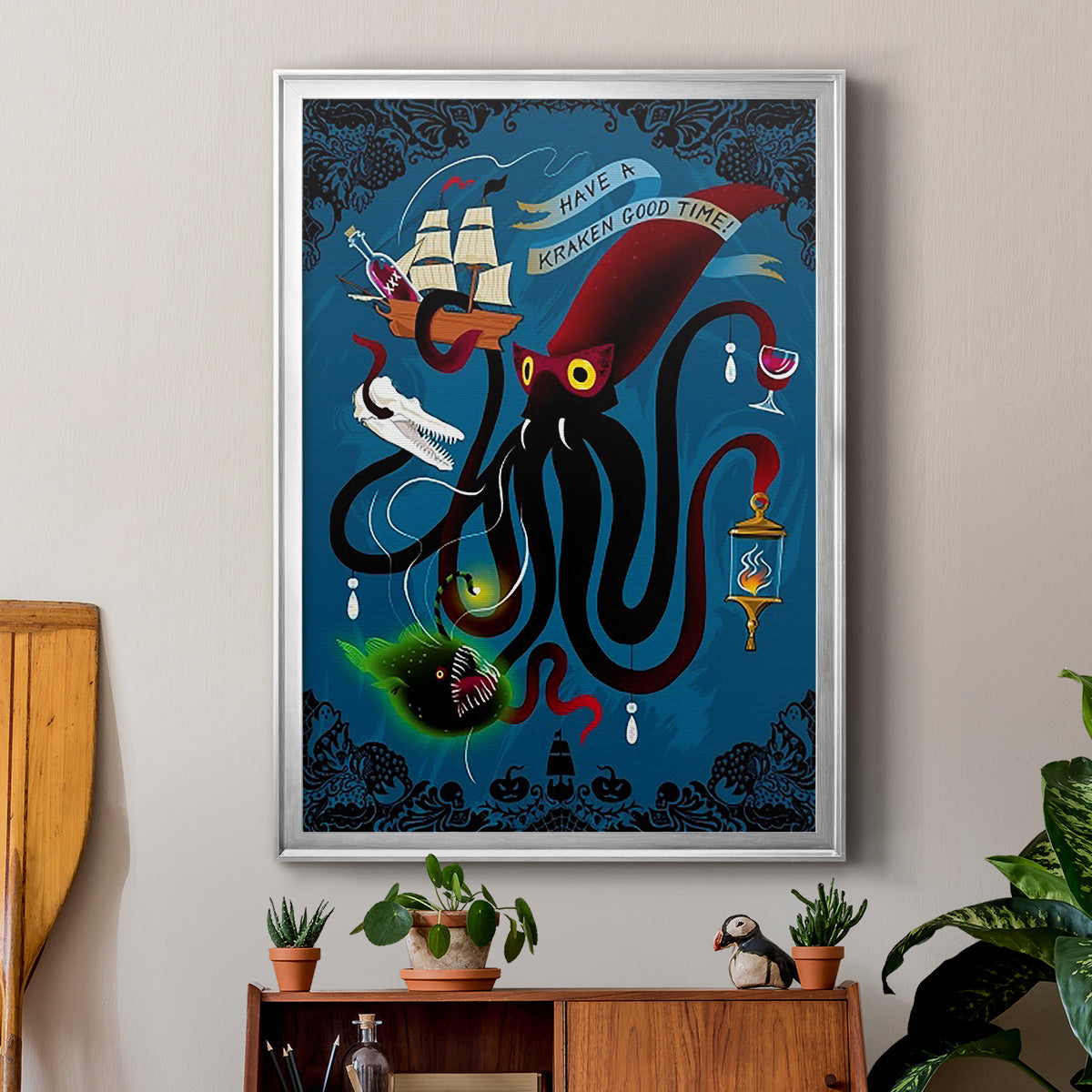 Spooky Cephalopod Chandeliers II - Modern Framed Canvas Print