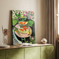 Canvas art print of a bright composition with fish and decorative surroundings styled in a home decor setting.