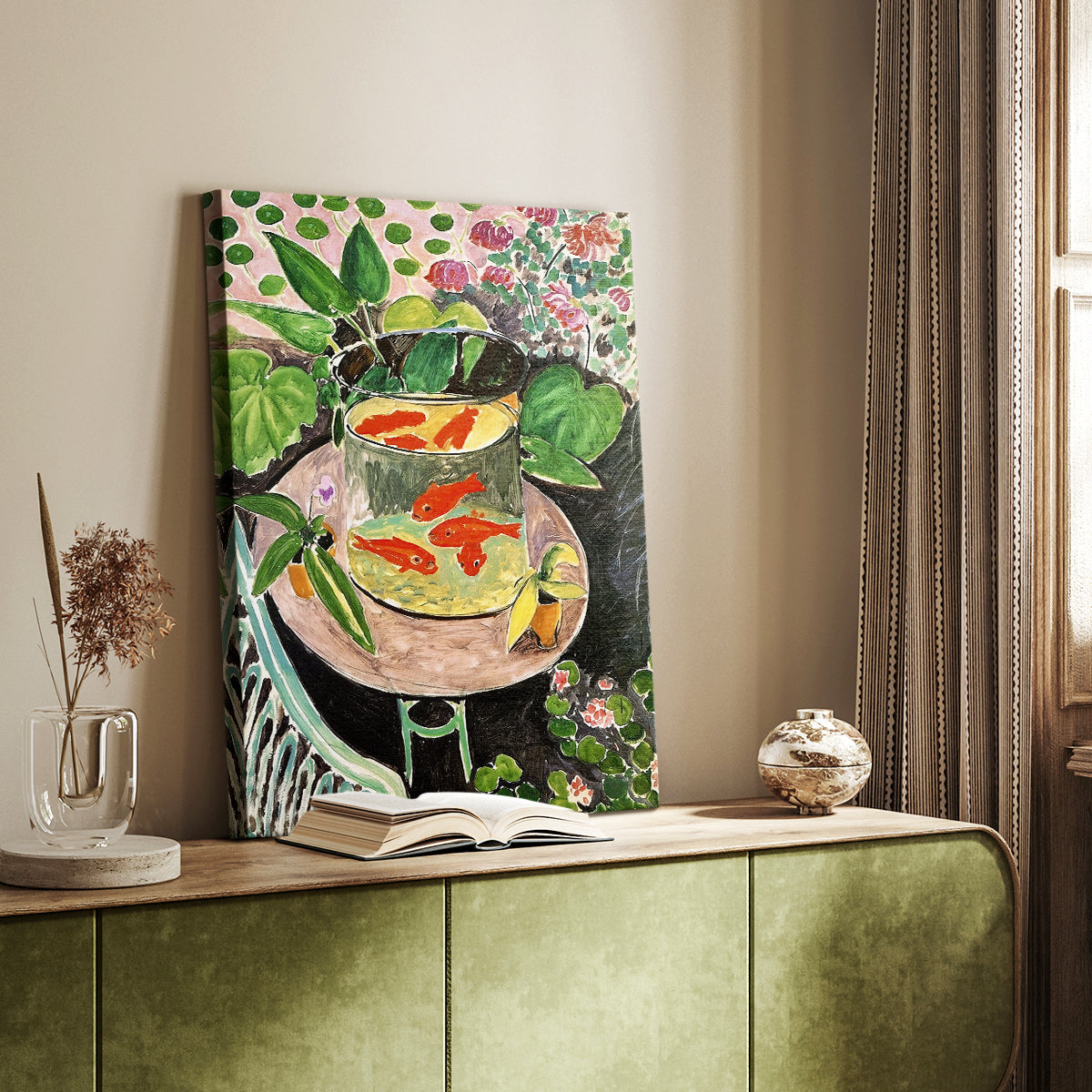 Canvas art print of a bright composition with fish and decorative surroundings styled in a home decor setting.