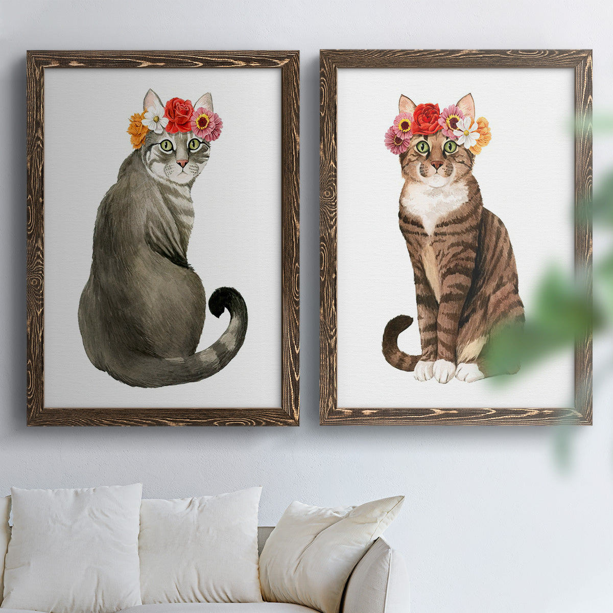 Flower Crown Cats I - Premium Framed Canvas 2 Piece Set - Ready to Hang