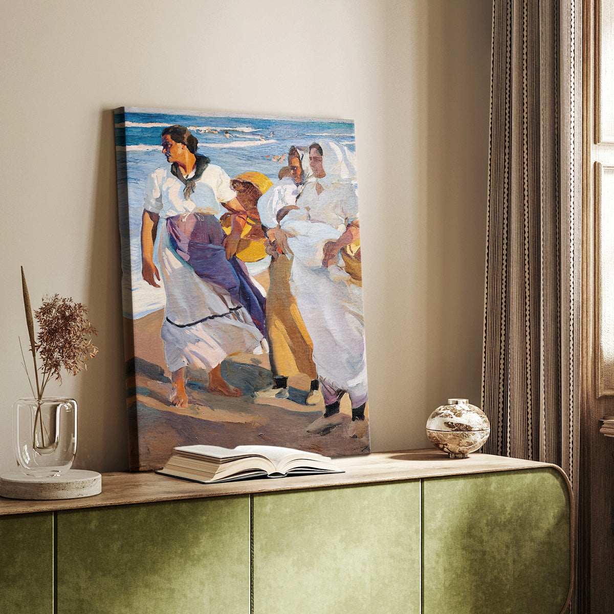 Canvas art print of a coastal composition with figures in motion and bright light styled in a home decor setting.