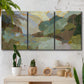 Three-panel canvas wall art featuring abstract landscape suggesting travel pause, displayed in a boho-chic entryway above a console table.
